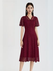 MY TENO | Elegant Red V-neck Embroidered Waist-cinching Summer Dress By Matinou Short Sleeve Long Dress For Wedding And Formal Occasions