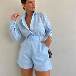 Womens Long Sleeve 2-Piece Set Casual Button Detail Shorts Outfit with Shirt Top Summer Fashion Female Suit