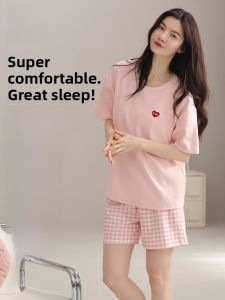 miiow | Pure Cotton Summer Sleepwear Womens Short Sleeve Short Pants Set Sweet Girls Home Clothes With Chest Pad Anti-Vacuum Design