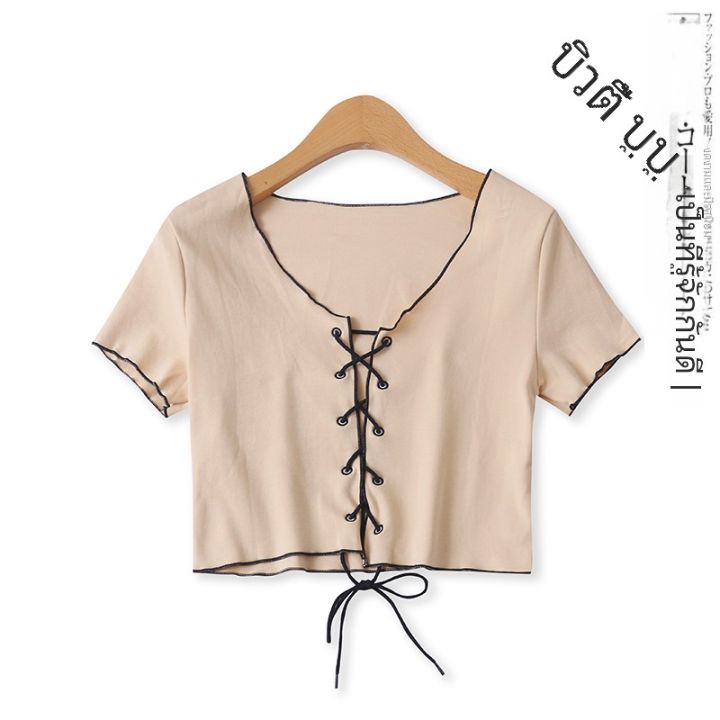 เสื้อยืดสั้นมีเข็มขัด ฤดูร้อน แบบใหม่ ผู้หญิง สีบริสุทธิ์ หลากหลาย ...