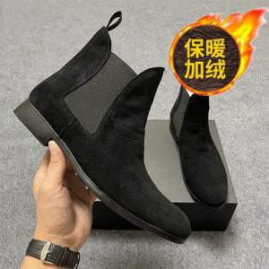Fashionable High-Top Chelsea Boots for Men Genuine Leather Winter Warm Footwear with Suede Lining and Rubber Sole