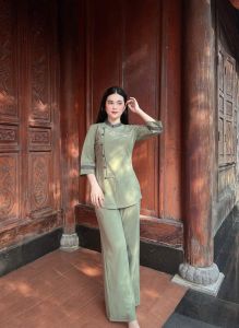 ĐỒ LAM ĐI CHÙA - MẪU BỘ NỮ THÊU SEN VẢI CONTON LẠNH CAO CẤP