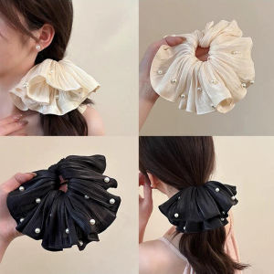 Romantic French Style Wrinkled Chiffon Scrunchies High-end Womens Bun Head Rope Low Ponytail Rubber Band Pearl Hair Accessories