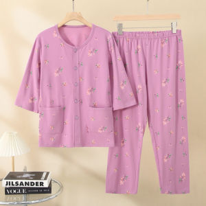 Summer Thin Cotton Sleepwear Set Womens Loose Comfortable Seven-Quarter Sleeve round Neck Knitted Fabric Home Clothes