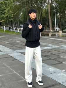 กางเกงวอร์มทรงตรงสำหรับผู้ชาย ทรงลำลอง ทรงหลวม ผ้าขนแกะ ผ้ากำมะหยี่ ทรงขาบend ฤดูใบไม้ร่วง/ฤดูหนาว กางเกงกีฬาลำลอง