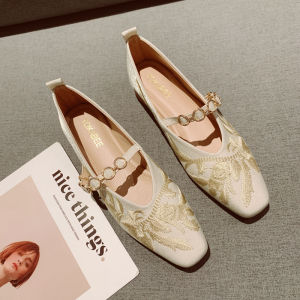 Low Heel Embroidered Fabric Upwork Flat Head Single Shoes Womens New 2025 Fashion Simplified Style Metal Buckle Slip-On Shoes