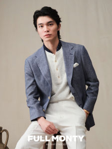 Mens Business Leisure Linen Cotton Suit Blue