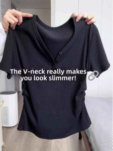 Stylish French Design Black V-Neck Short Sleeve T-Shirt