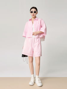 Dopamine Pink Casual Sports Sun Protection Short Sleeve Shirt Shorts Two Piece Set Womens Summer New Trend Polyester Material