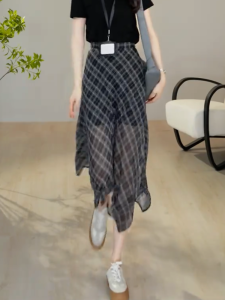MANMI | Irregular Check A-Line Slimming Skirt