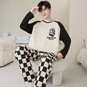 ผู้ชายบริสุทธิ์ ผ้าฝ้าย แขนยาว ชุดนอน ฤดูใบไม้ผลิ ฤดูใบไม้ร่วง สไตล์ใหม่วัยรุ่นขนาดใหญ่ นักเรียน ชุดเสื้อผ้าบ้าน การ์ตูน พิมพ์