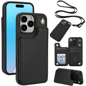 เคสใส่บัตรสำหรับ iPhone พร้อมสายคล้องในแนวทแยงเปลือกกรอบโทรศัพท์มือถือช่องใส่การ์ดพร้อมเคสที่ใส่การ์ดหนังเคส Dompet Koin สำหรับ iPhone 15 Pro Max 16 Pro Max 14 Pro Max 15 16 Plus 13 12 11 ProMax X XR XS Max Cover กับกระเป๋าสตางค์