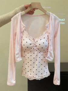 Pink Polka Dot Lace Trim Long Sleeve Open Cardigan Outerwear Slimming Two Piece Set Womens New Style Small Strap Top
