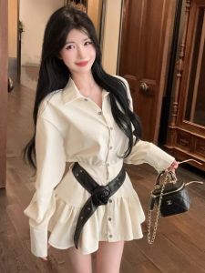 GUZILIAN | Sweet Elegant Casual Slim Fit Shirt Dress Korean Style Autumn New Womens Fashion Short Skirt With Bunching Detail And Long Sleeves