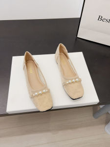 Summer 2025 Polka Dot Net Head Cover Flat Bottom Pearl Embellished Womens Sandals Sweet Style Slip-On Fashionable Fairy Tale Footwear