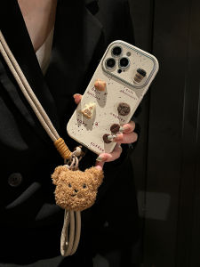 Cute Cartoon Bear Spill Coffee Design Phone Case for iPhone 16 pro Max Crossbody Large View Window Hanging Rope Womens Style