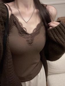 เสื้อกั๊กแขนกุดคอวีลึกผ้าลูกไม้สำหรับผู้หญิง ฤดูใบไม้ร่วง/ฤดูหนาว ใส่ภายนอก ดีไซน์หลังสวยงาม เสื้อชั้นใน ขนสัตว์ ด้านใน เสื้อสเวตเตอร์ ไม่มีแขน