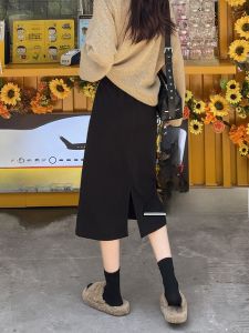 Womens Mid-Length A-Line Mini Skirt with Slit Autumn Winter High Waist Cotton Woolen Skirts Slimming Flared Skirts