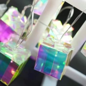 Holographic Iridescent Cube Gift Box LED String Lights Fairy Lights for Bedroom Christmas Birthday Wedding Holiday Party Decor