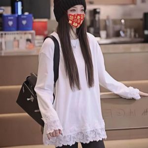 White Long Sleeve T-Shirt Womens Loose Mid-Length Lace Patchwork Top Breathable Comfortable Korean Style Commute Fashion