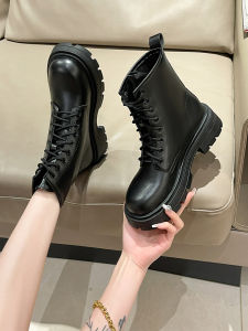 Black Martin Boots Womens British Style Spring Autumn Thin Cross Buckle Thick Bottom Motorcycle Short Boots Korean Style round Toe
