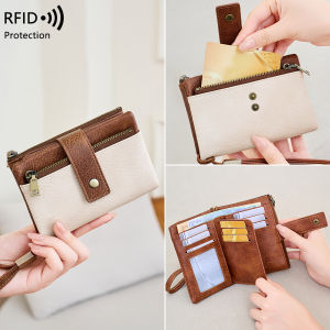 Vintage RFID Blocking Wallet for Women with Double Zipper Multiple Card Slots Coin Pocket Portable Three-Fold Short Wallet