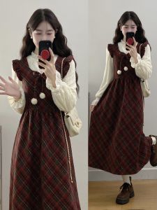 French Sweet School Style Patchwork Fake Two-Piece Woolen Skirt Women Autumn Winter plus Size Elegant Slimming Dress