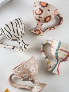 Akiano Hand-Made Japanese Style Ceramic Cup Hand-Pinching Cup Retro Dessert Ins Style Niche Style Goblet Leopard Print Mid-Ancient Cup