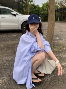 Loose Fit Striped Sun Protection Long Sleeve Shirt Womens Early Autumn New Style Korean System Blue And White Casual Outerwear