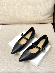 Retro Mary Jane Womens Shoes Pointed Toe 2025 New French Style Soft Leather Flat Bottom Slip-On Low Heel Single Shoes
