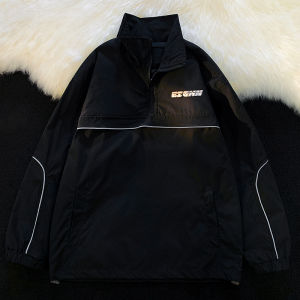 Reflective Loose Fit Mens Hoodie Jacket Half Zipper Trendy American Style Casual Outerwear Ideal for Youth Autumn Spring