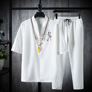 Ice Silk Loose Fit Short Sleeve Mens T-Shirt Set Summer Thin Style Retro Hanfu Tang Costume Casual Youth Fashion Polyester Fiber