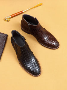 Mens Low-Top Genuine Leather Martin Boots Zipper High-Top Business Formal Shoes Weaving British Style Boots Floral Carving