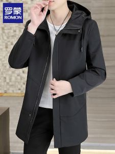 ROMON | Hooded Windproof Mens Mid-long Jacket Black
