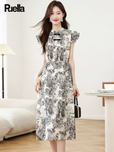 puella | Chinesestyle Floral Print Flutter Sleeve Fitted Cheongsam Dress