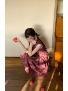 NIHAOKANONG | Đầm Dài A-Line Gingham Vai Trễ Cinch eo Cổ Trái Phản