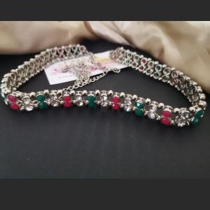 PREMIUM QUALITY INDIAN 2 LAYERS SILVER RED AND GREEN STONE HIP CHAIN