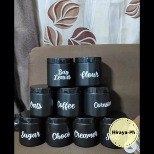 Hiraya Ph Black 3 Pcs Set Plastic Coffee Canister w/ Scooper & Waterproof Sticker Label Kitchen Pantry Container Jar Organizer