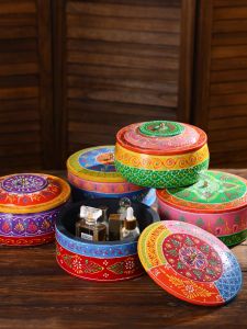 Handmade Wooden Storage Box – Colorful Round Jewelry Organizer Decorative Keepsake Box with Lid
