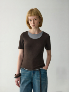 INSIS FEMME | Cross-stitched Linen Cotton Slim-fit Short-sleeve T-shirt Round Neck