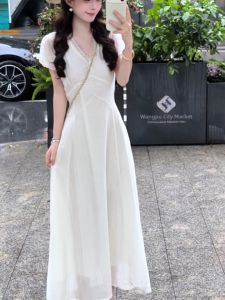 NIUVIES | Đầm Dài Eo Thon Cổ V Trắng