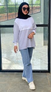 Terlaris Kaos Oversize Wanita Kombinasi Salur Lengan Lengan Panjang