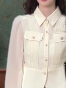 AMMIN 2024 Autumn new simple lapel false pocket patchwork single breasted commuter chiffon shirt Womens short style irregular slit design long sleeve elegant blouse