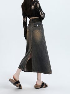 American Retro Lazy หลวม กางเกงยีนส์ กระโปรง ผู้หญิง Multi-Pocket ดีไซน์ ผ่าชาย พรางหุ่น หลากหลาย Drapey ความยาวปานกลาง กระโปรง