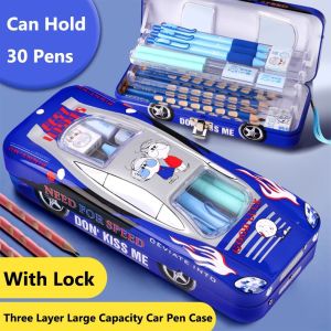 TCBSC8183 Car Shape Pencil Case Metal With Lock Pen Box Three Layers Pen Bag Gift