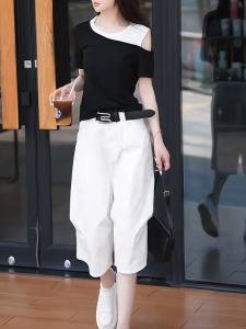 Shalldoer | Fashionable Versatile Womens Summer 2025 Two-Piece Set Short Sleeve T-Shirt Wide Leg Pants Mix Design Polyester Fiber Round Neck