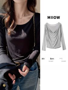 MiiOW | เสื้อยืดแขนยาวคอวีเปิดหลังเซ็กซี่สไตล์เกาหลีสำหรับผู้หญิง เสื้อชั้นในแบบลำลอง ผ้าไนลอนผสมโพลีเอสเตอร์ ฤดูใบไม้ร่วง 2025