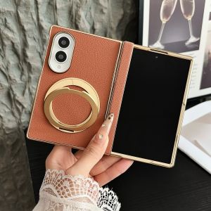 szhaiyu | Electroplated Lychee Pattern Leather Magnetic Phone Case for Samsung Galaxy Z Fold 7 8 Ultra ZFold7 Rotate Bracket Hinge Cover