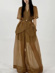 Fashionable V-neck Short-sleeved Shirt And Loose Wide-leg Pants Two-piece Set for Women Elegant Summer Outfit Polyester Fiber