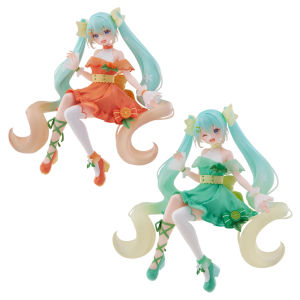 Bandai | Hatsune Miku Lime Orange Noodle Stopper Figure 14CM PVC Cute Seated Anime Collectible Model Desktop Ornament Figure Decoration